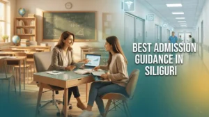 Counselor guiding a student with a split background of a classroom and hospital, symbolizing teaching and nursing careers, with text 'Best Admission Guidance in Siliguri'.