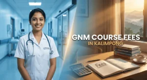 A professional nurse in a hospital setting on the left, blending into a study desk with a calculator and fee planning notebook on the right, with text overlay 'GNM Course Fees in Kalimpong'