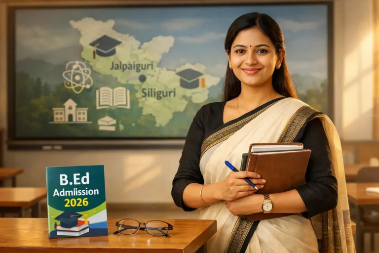 A professional female teacher in a saree holding books in a classroom setting, featuring a B.Ed Admission 2026 guide and a map of Jalpaiguri and Siliguri.