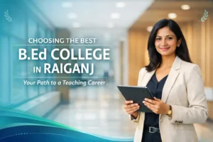 A professional educator holding a tablet in a modern hallway, featuring text "Choosing the Best B.Ed College in Raiganj: Your Path to a Teaching Career.
