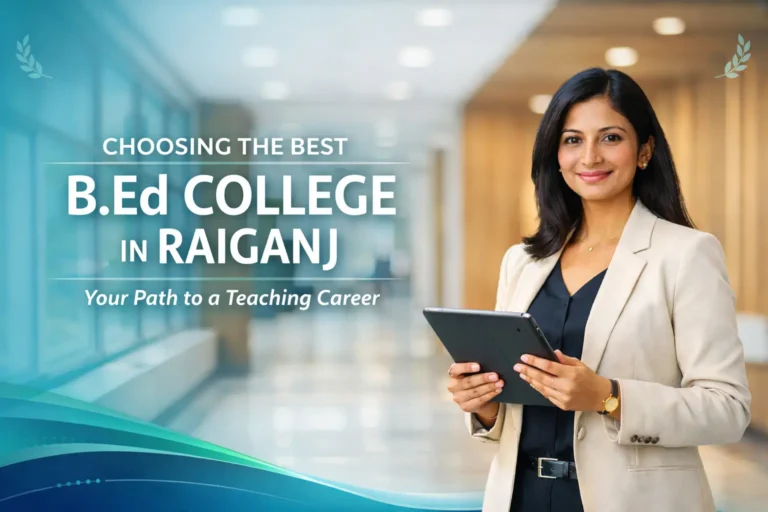 A professional educator holding a tablet in a modern hallway, featuring text "Choosing the Best B.Ed College in Raiganj: Your Path to a Teaching Career.