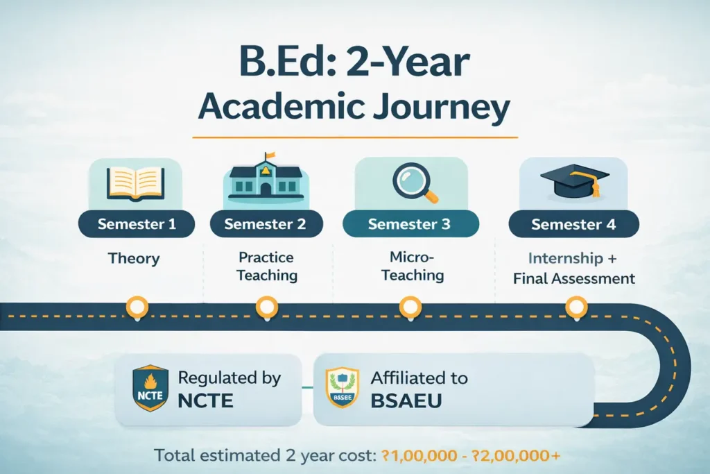 Infographic showing the 2-year B.Ed academic journey and semester structure, regulated by NCTE and affiliated to BSAEU.