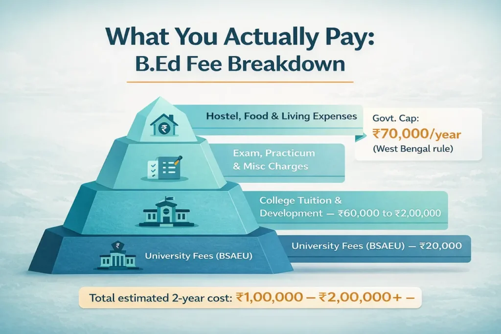 A layered breakdown of total B.Ed course fees showing university charges, college tuition, exam fees, and living expenses.