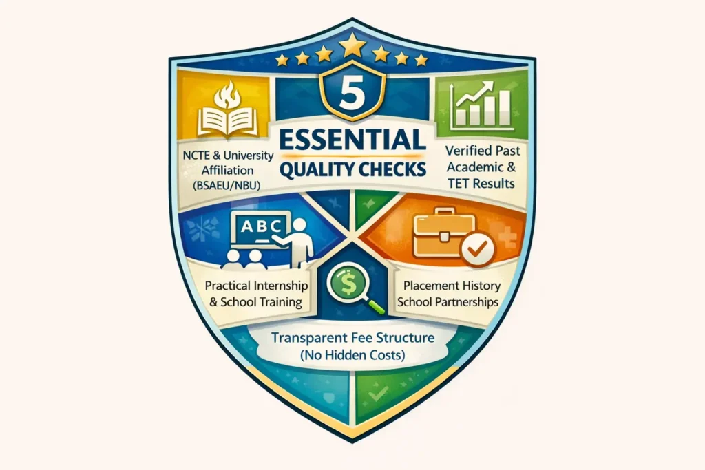 A shield-shaped infographic titled '5 Essential Quality Checks' for B.Ed admission, covering NCTE affiliation, placement history, training, and transparent fees.