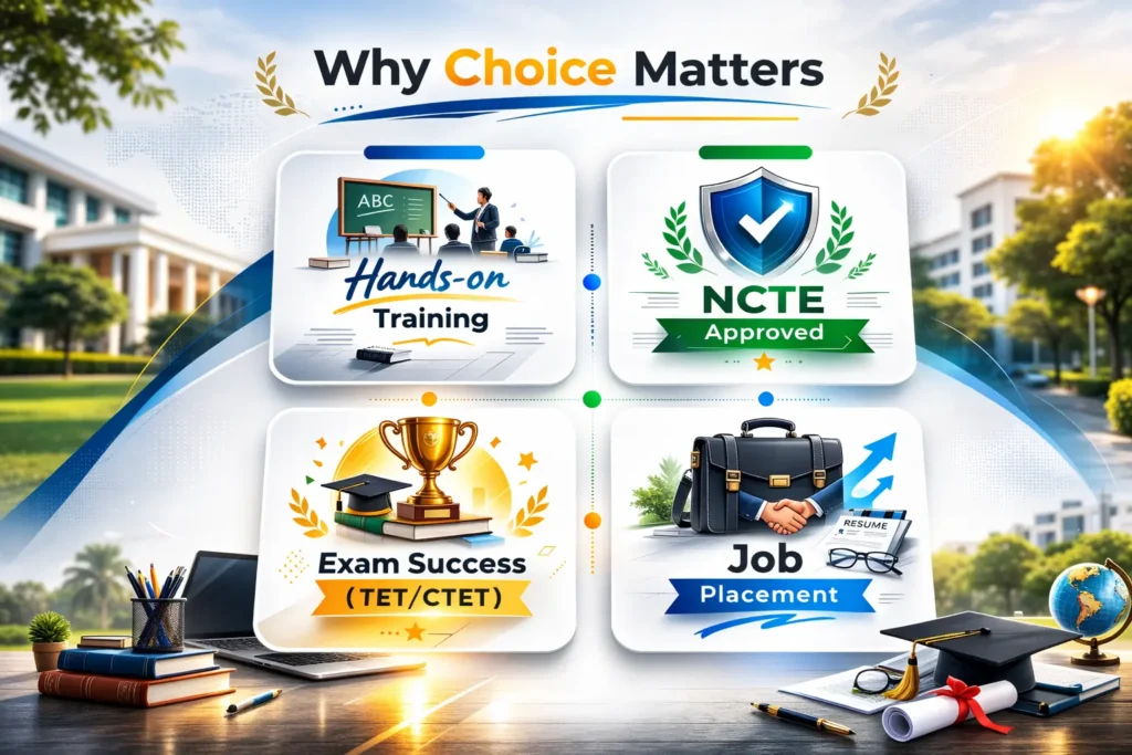 An infographic titled "Why Choice Matters" highlighting four key factors: Hands-on training, NCTE approval, TET and CTET exam success, and job placement support