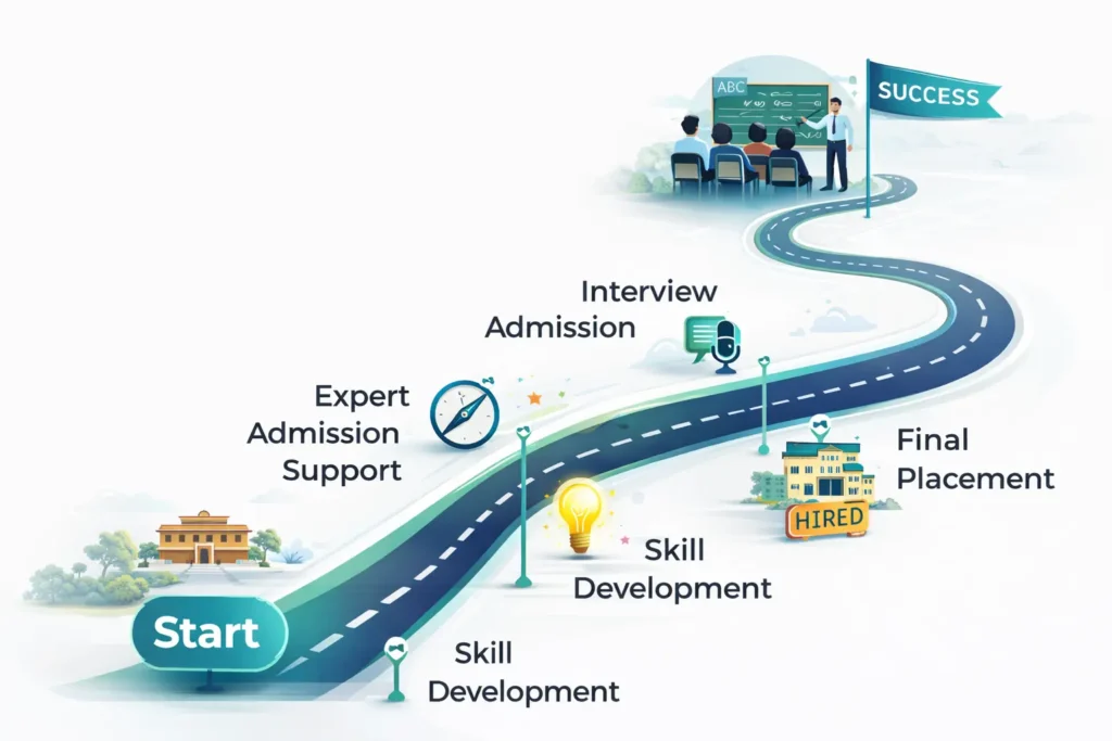 A success roadmap for a teaching career showing the journey from expert admission support and skill development to interview preparation and final school placement
