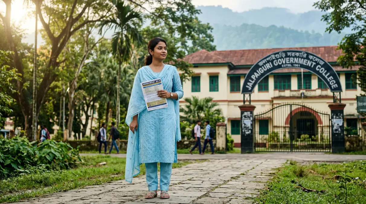 A student evaluating B.Ed. college options in Jalpaiguri, North Bengal, holding an admission checklist outside a college campus