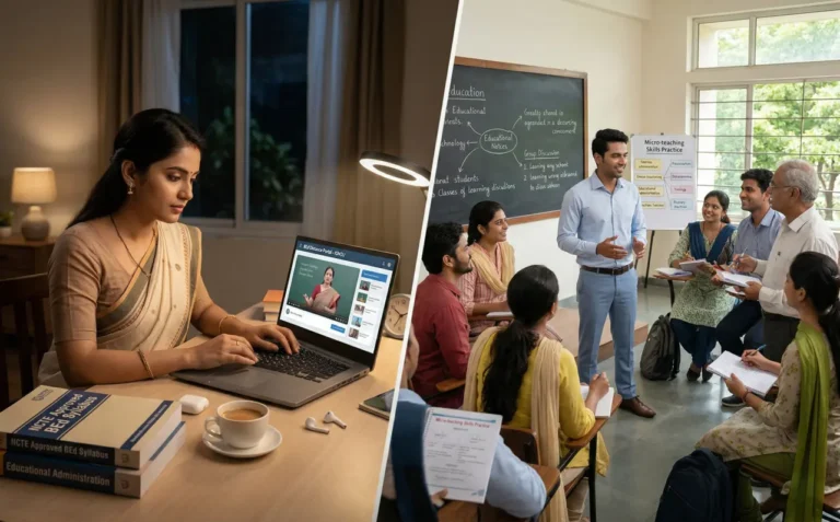 Split image comparing online BEd study at home versus a regular classroom.