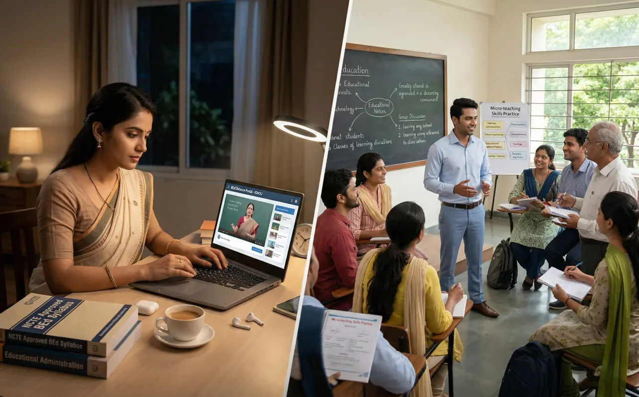 Split image comparing online BEd study at home versus a regular classroom.