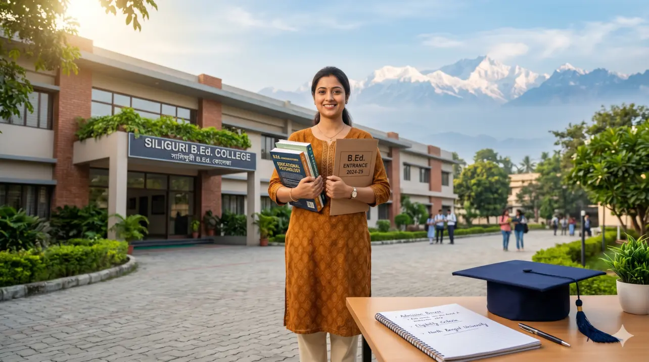 A smiling woman in a brown kurta stands holding books in front of Siliguri B.Ed. College with snowy mountains behind.