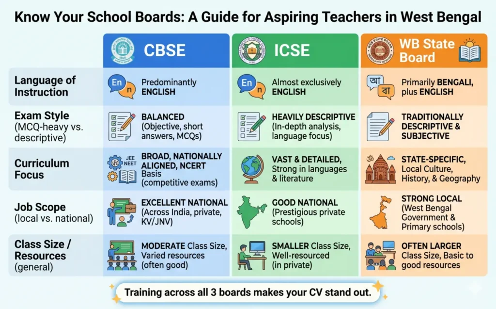Comparison of CBSE, ICSE, and West Bengal State Board for B.Ed. student teachers in Siliguri covering exam style, curriculum, and job scope